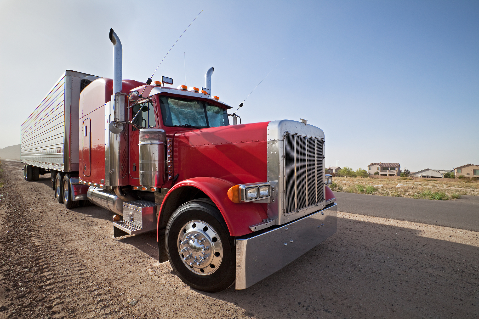 A close-up view of a red truck